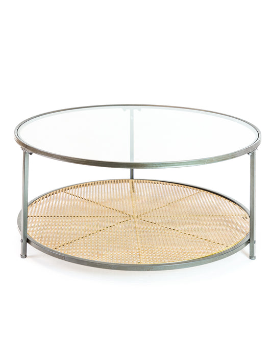 Iron, Glass and Rustic Metal Rattan Round Coffee Table