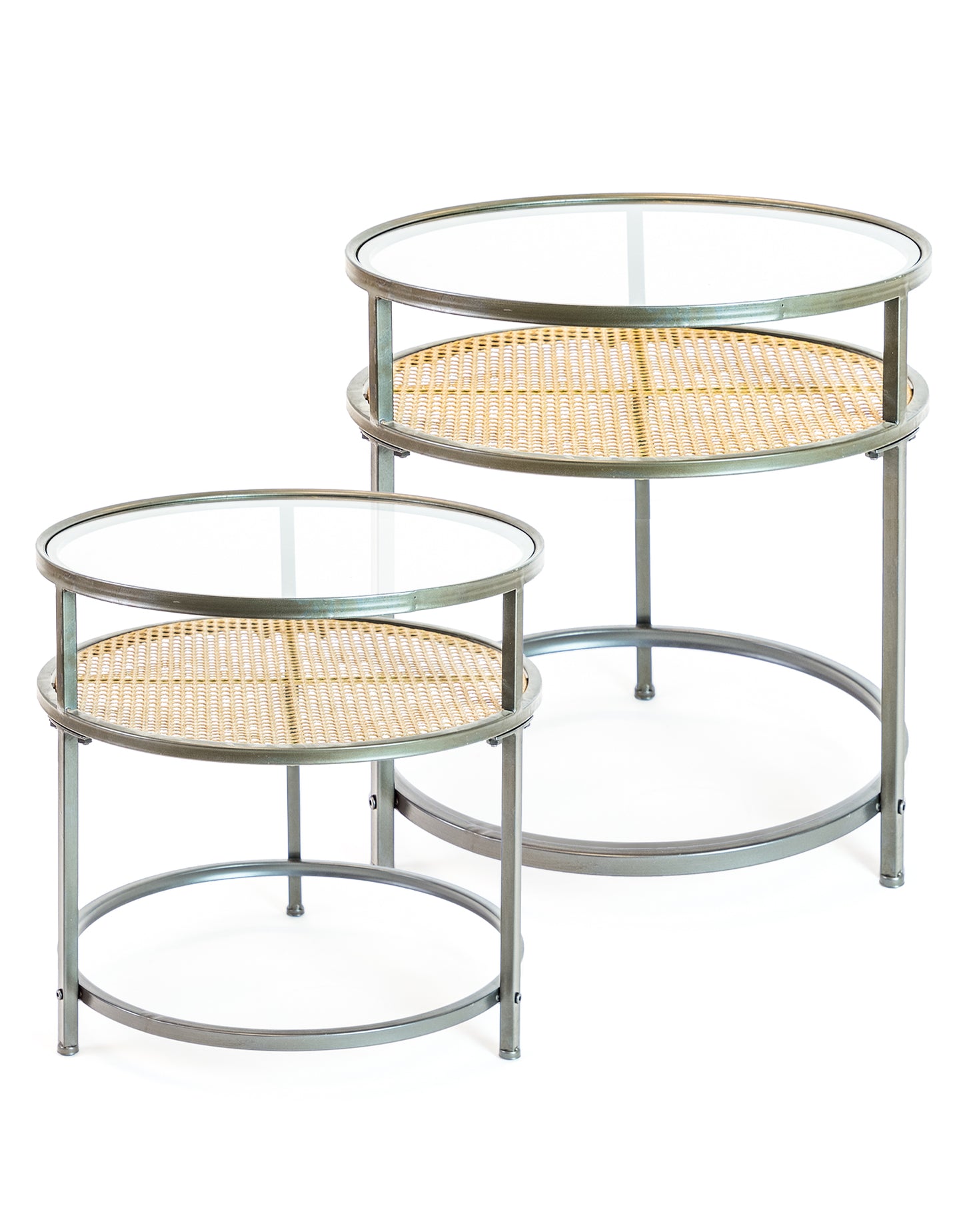 Iron, Glass and Rustic Metal Rattan Set of 2 Round Side Tables