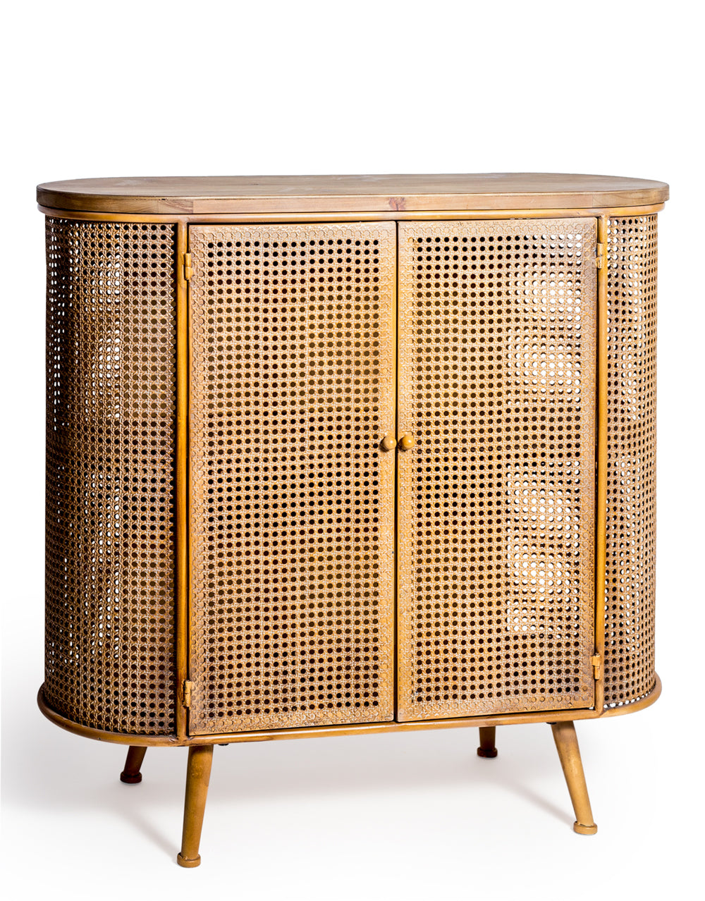 Rustic Metal Rattan and Wood Retro Side Cabinet