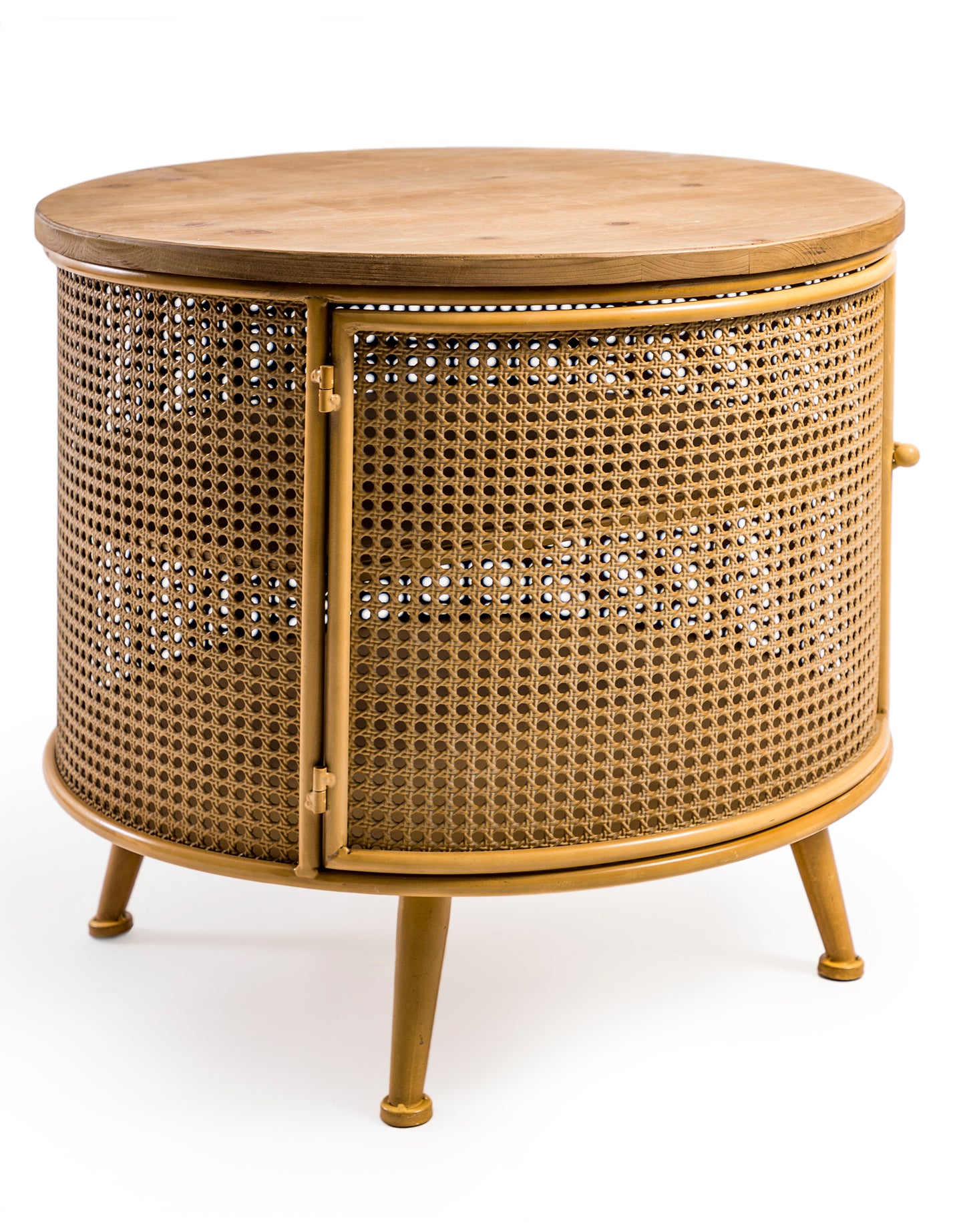 Rustic Metal Rattan and Wood Retro Round Side Cabinet