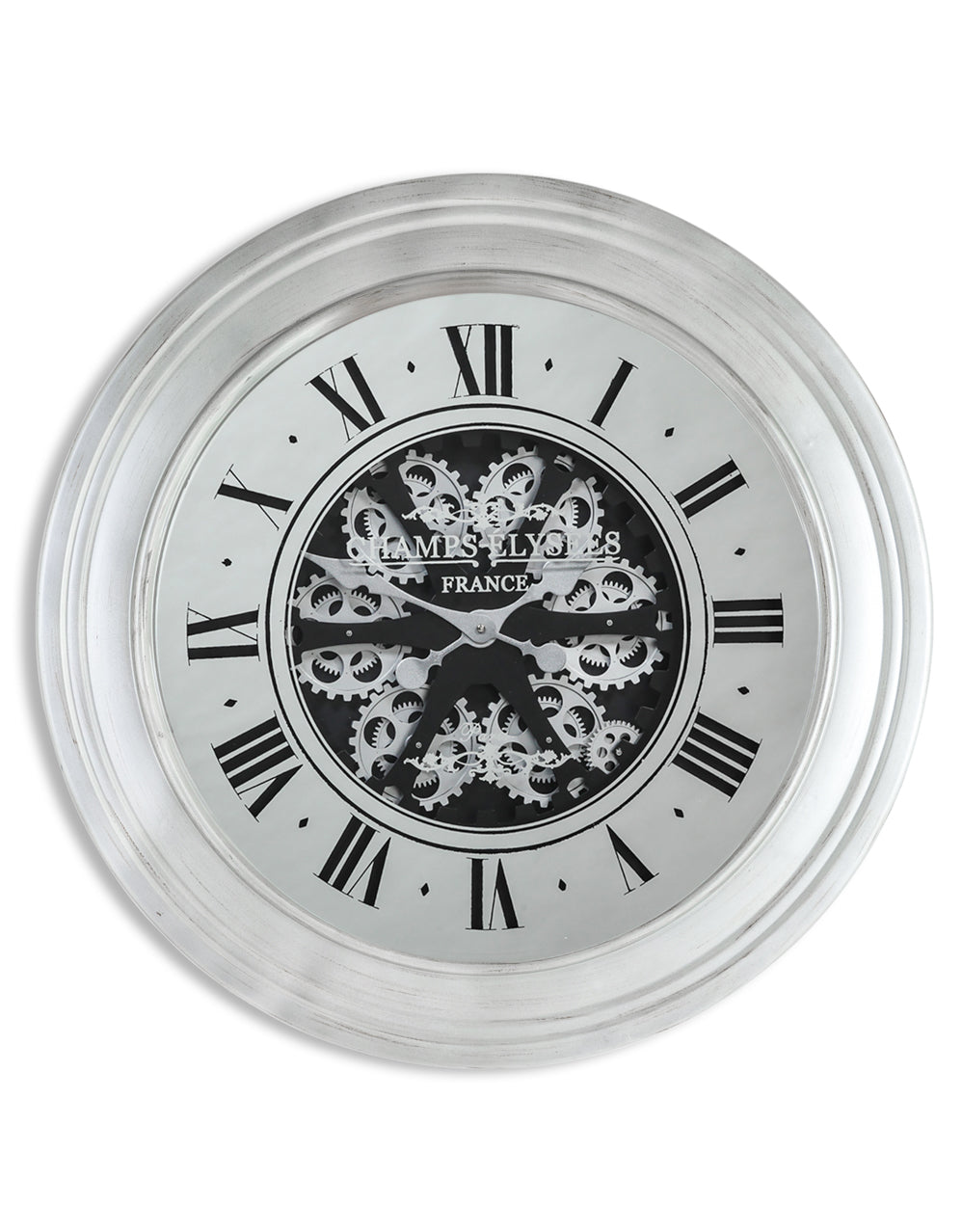 Silver Mirrored Face Antique Style Moving Gears Clock