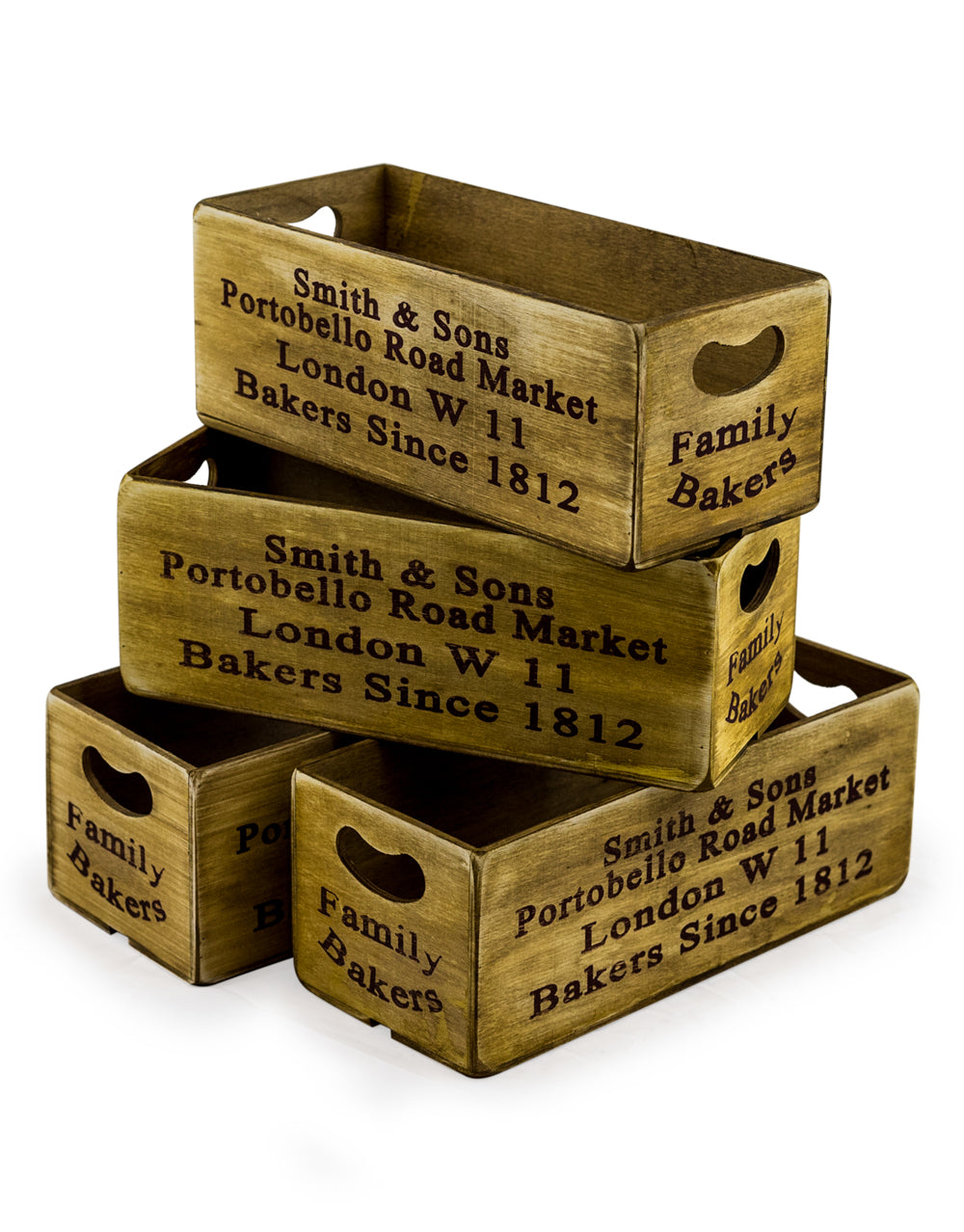 Set of 4 Antiqued "Portobello Road Market" Wooden Boxes