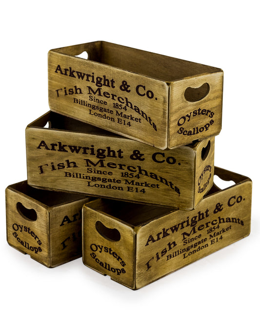 Set of 4 Antiqued "Billingsgate Market" Wooden Boxes