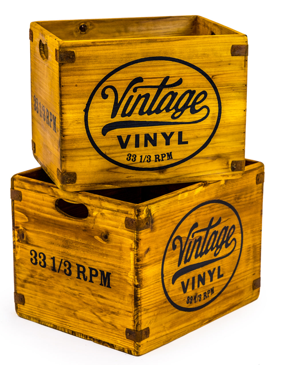 Set of 2 Antiqued Wooden "Vintage Vinyl" LP Record Storage Boxes