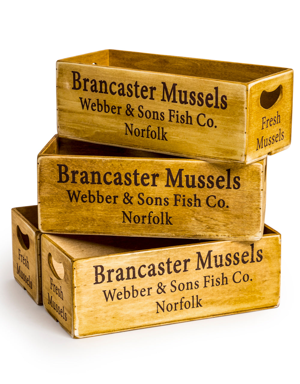 Set of 4 Antiqued "Brancaster Mussels" Wooden Boxes