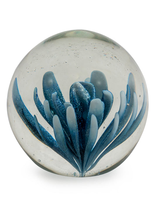 Blue & White Flower Glass Ball Paperweight with Gift Box