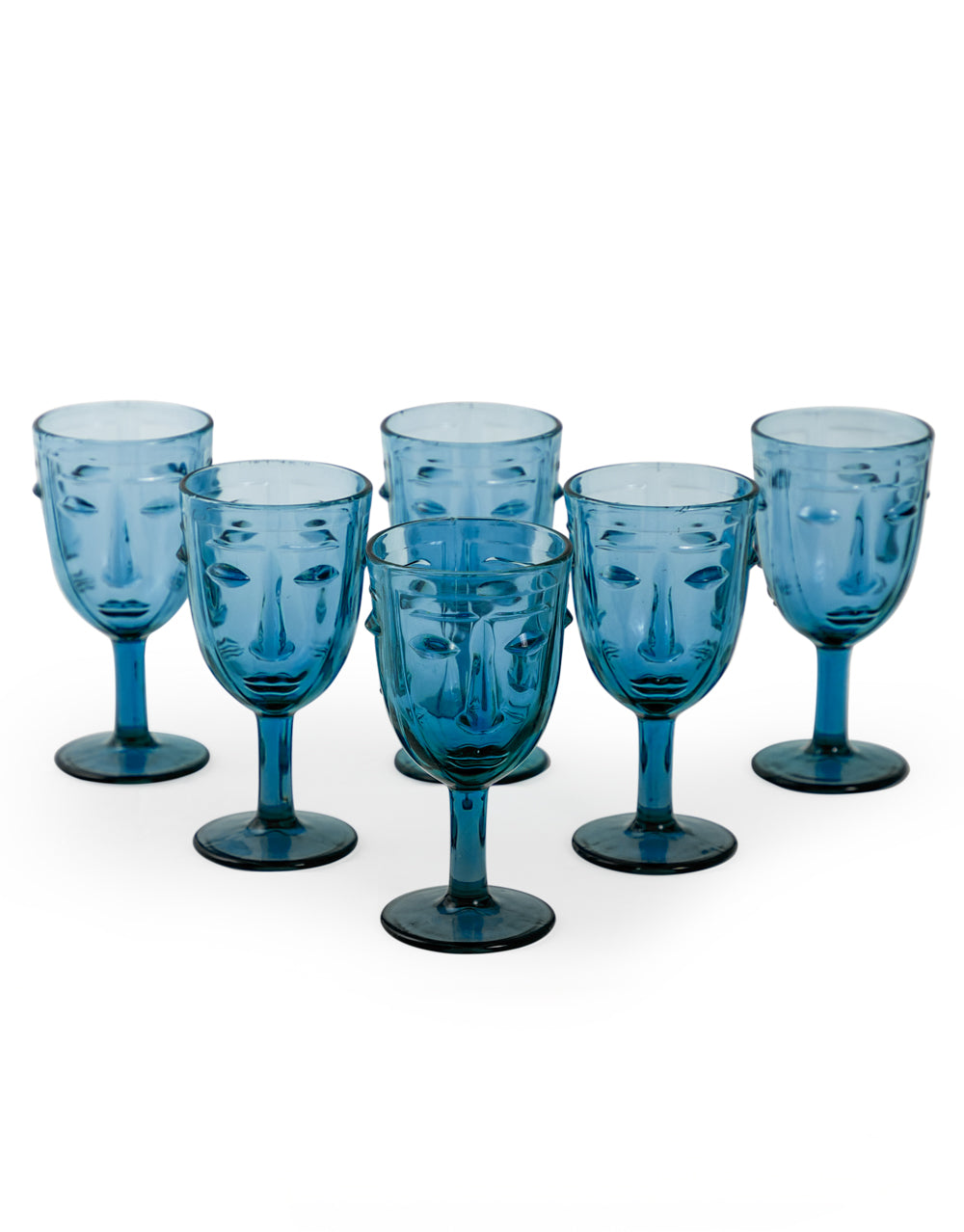 Set of 6 Blue Deco Face Wine Glasses