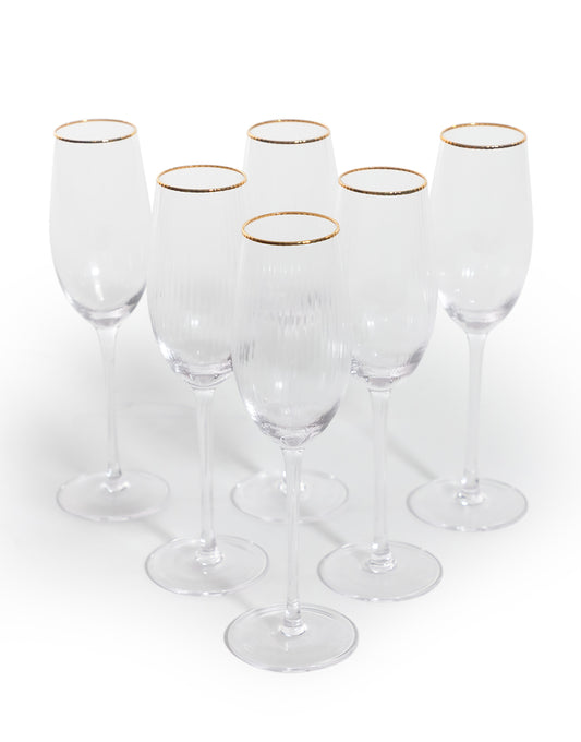 Set of 6 Traditional Champagne Flutes with Gold Rims
