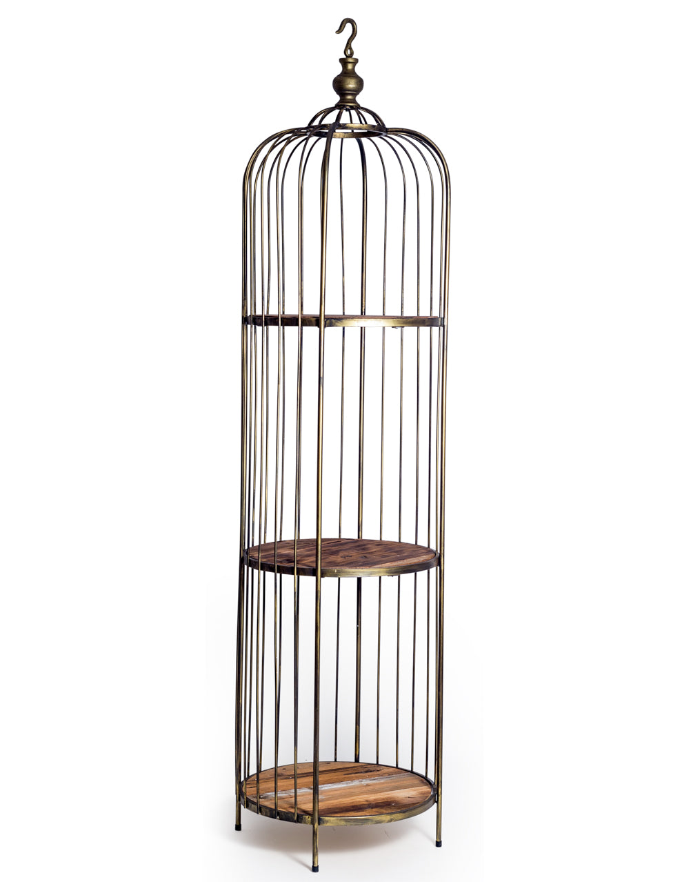 Antique Gold Bird Cage Style Storage Unit with Reclaimed Wood Shelves