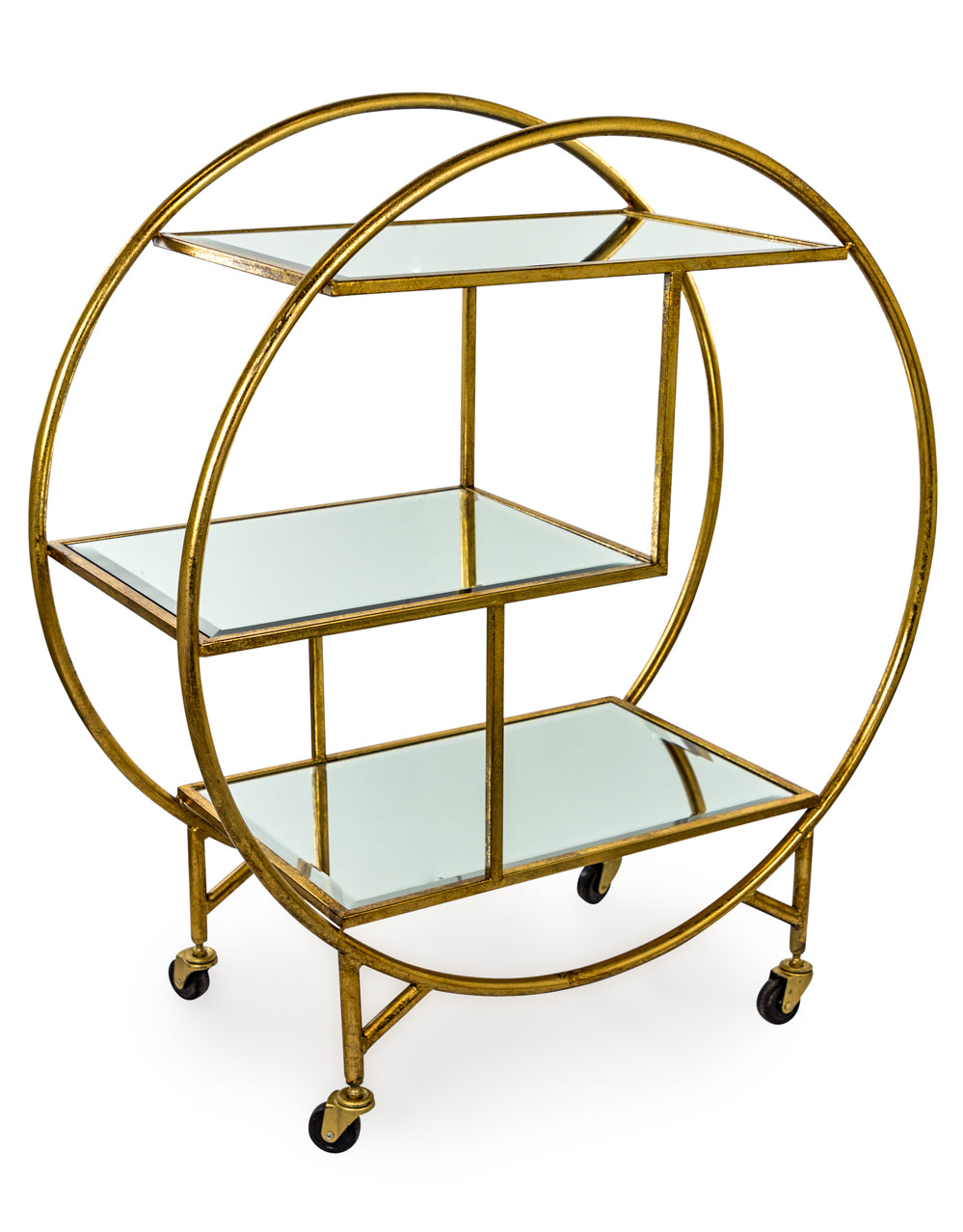 Antique Gold/Bronze Leaf Metal Bar Trolley with Mirror Shelves