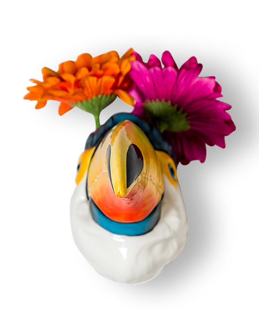 Hand Painted Ceramic Toucan Head Wall Sconce Vase