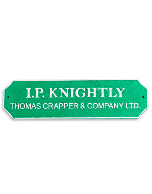Green and White Cast Iron "I P Knightly" Wall Sign