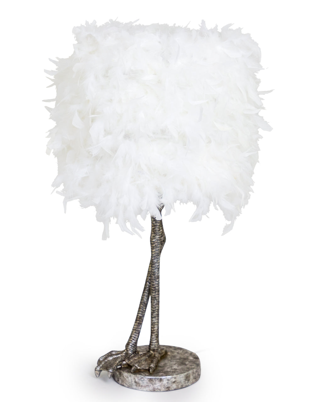 Antique Silver Large Bird Leg Table Lamp with White Feather Shade