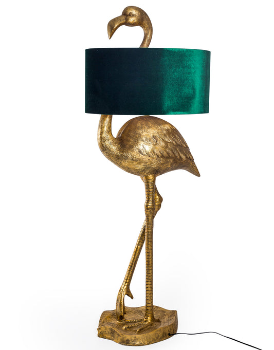 Antique Gold Flamingo Floor Lamp with Green Velvet Shade