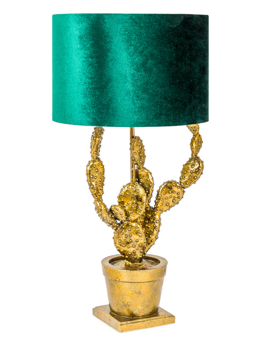 Antique Gold Potted Cactus Lamp with Green Velvet Shade