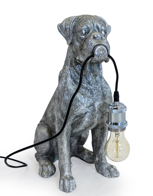 Antique Silver Sitting Boxer Dog Table Lamp
