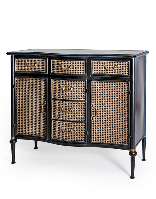 Antiqued Black Side Cabinet with Metal Rattan Cupboards