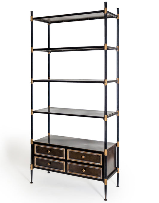 Antiqued Black and Gold Tall Shelving Unit