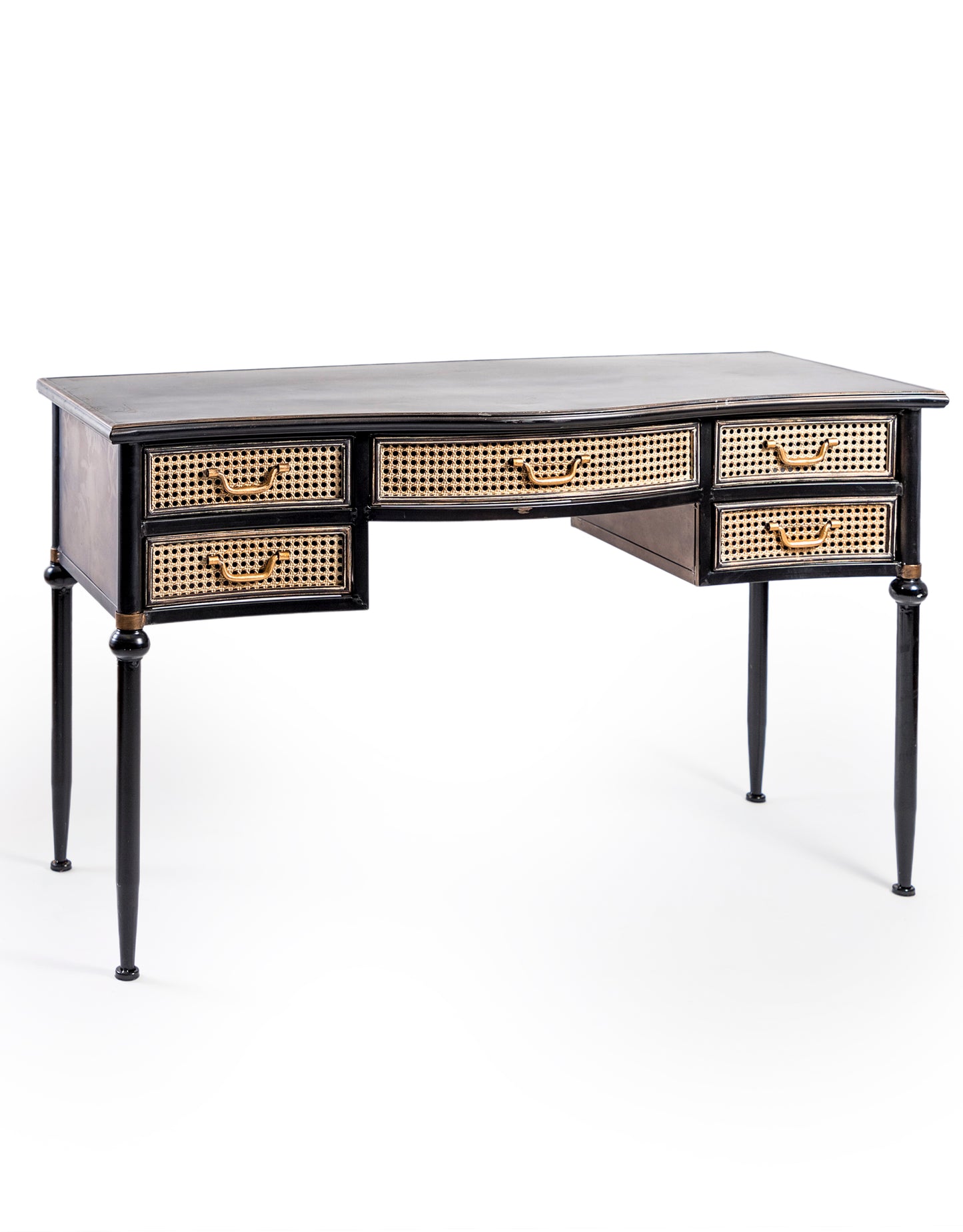 Antiqued Black Desk/Console with Metal Rattan Drawers